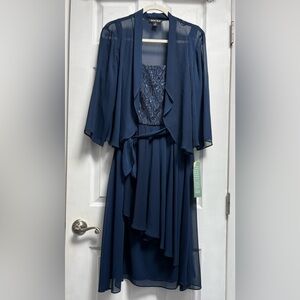 Dana Kay Blue Sheer Jacket and Dress Set Size 14. NWT